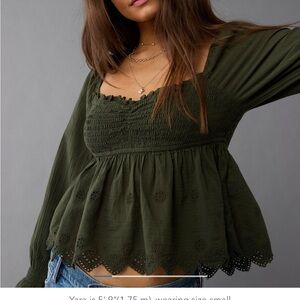 American Eagle Long Sleeve Smocked Babydoll Blouse NWT